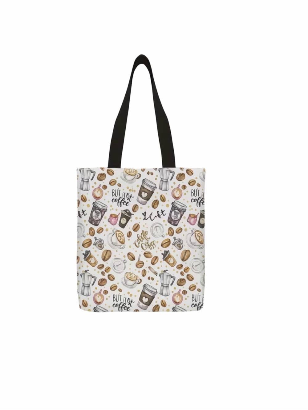 Coffee Pattern Canvas Tote Bag - White with Black Straps NWOT